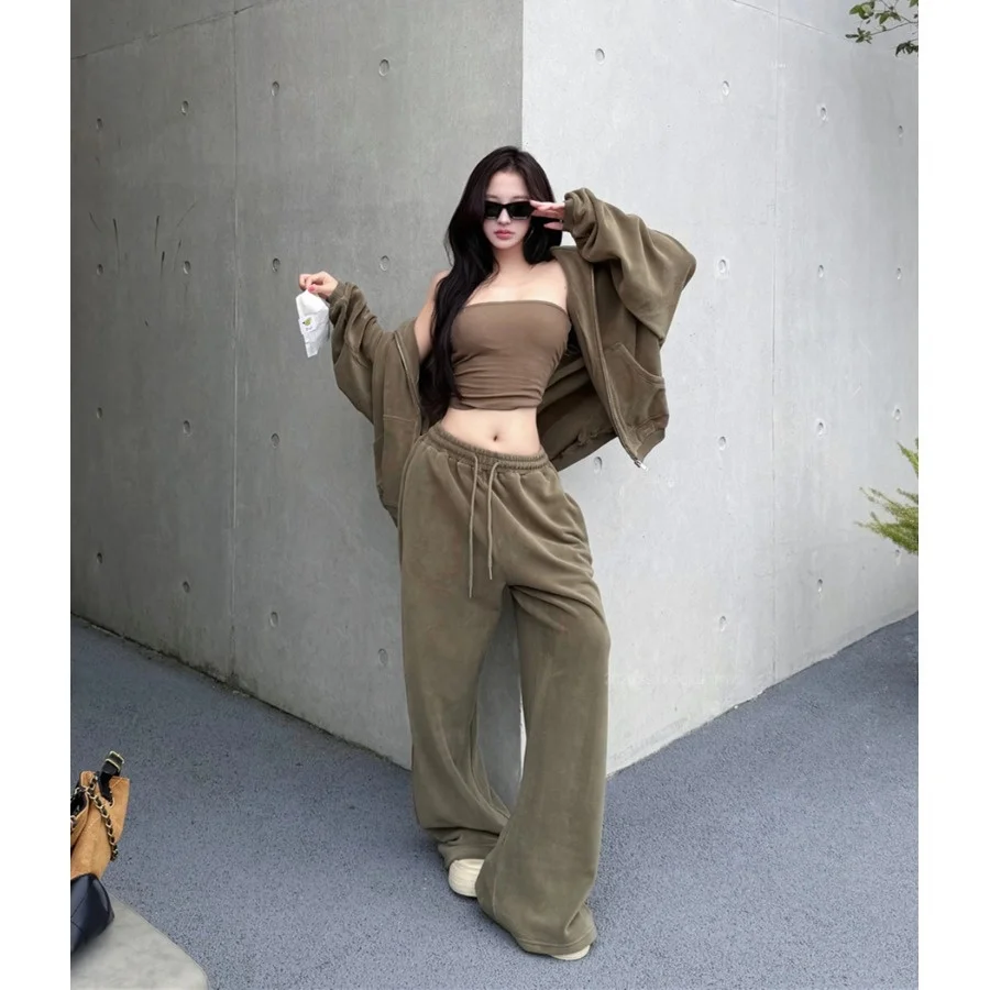 Retro Sexy Lazy Hoodie Open Cardigan Outerwear High Waist Casual Versatile Long Pants Tube Top Fashion Three-piece Set Women