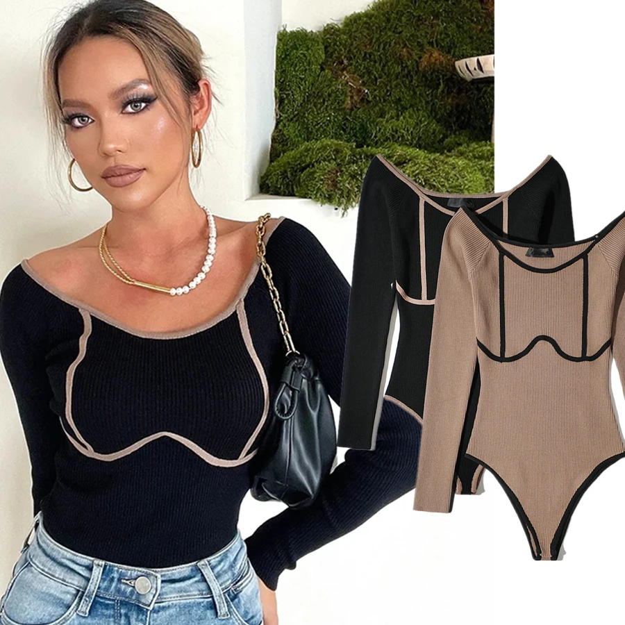 

Withered France Style Vintage Patchwork Sheath Knitted Off Shoulder Sexy Ins Blogger Fashion Bodysuits Women Tops