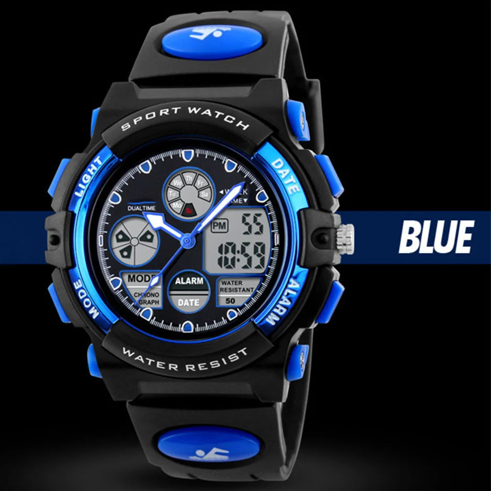 Wristwatch 30m Waterproof Multifunctional LED Light Alarm Calendar Dual Times for 3-13 Year Black Blue