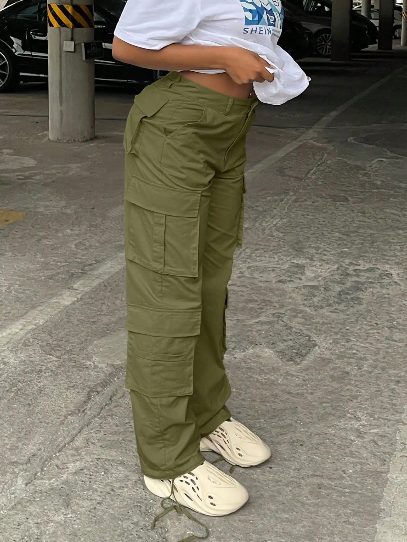 Christmas Gift Women's High-Waisted Solid Color Side Cargo Pants - Baggy Y2K Straight/Wide Leg, Pockets for Casual Streetwear