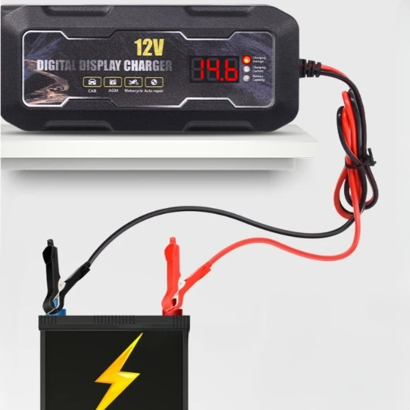 HD 12V 6AスマートLCDディスプレイ搭載鉛蓄電池充電器、バイク、電動自転車、スクーター、車用、AC110V-220V対応、EU、AU、US、UKプラグ付き