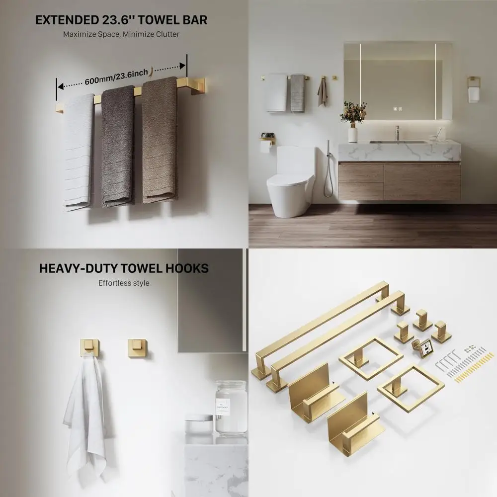 

23.6 Stainless Steel Brushed Gold Bathroom Accessory Set: Towel Bar, Toilet Paper Holder, Hooks & Ring