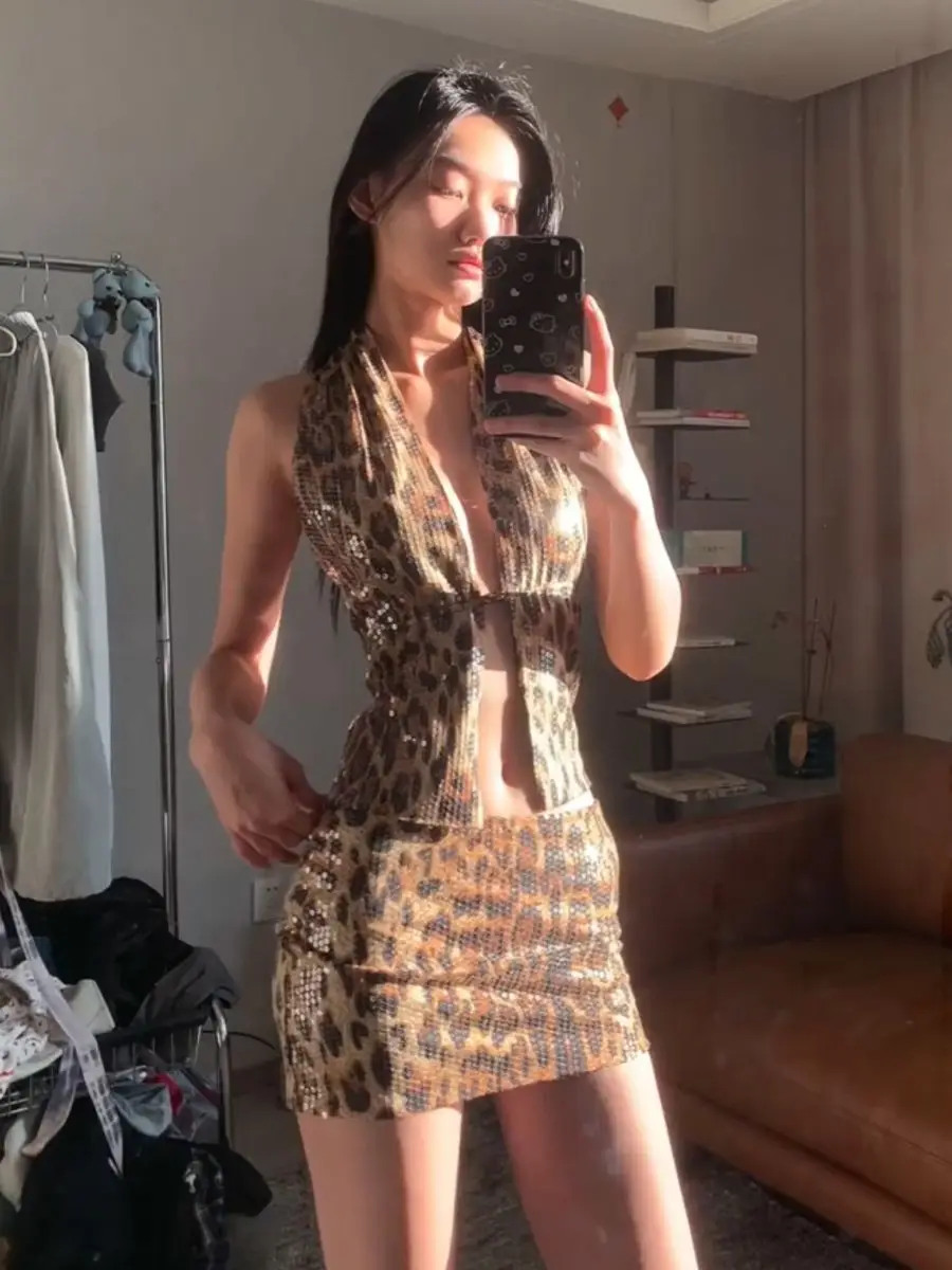 

Women's Suit 2025 Summer New Design Sexy Leopard Print Vest Hip-hugging Sequin Low-waist Skirt Two-piece Set