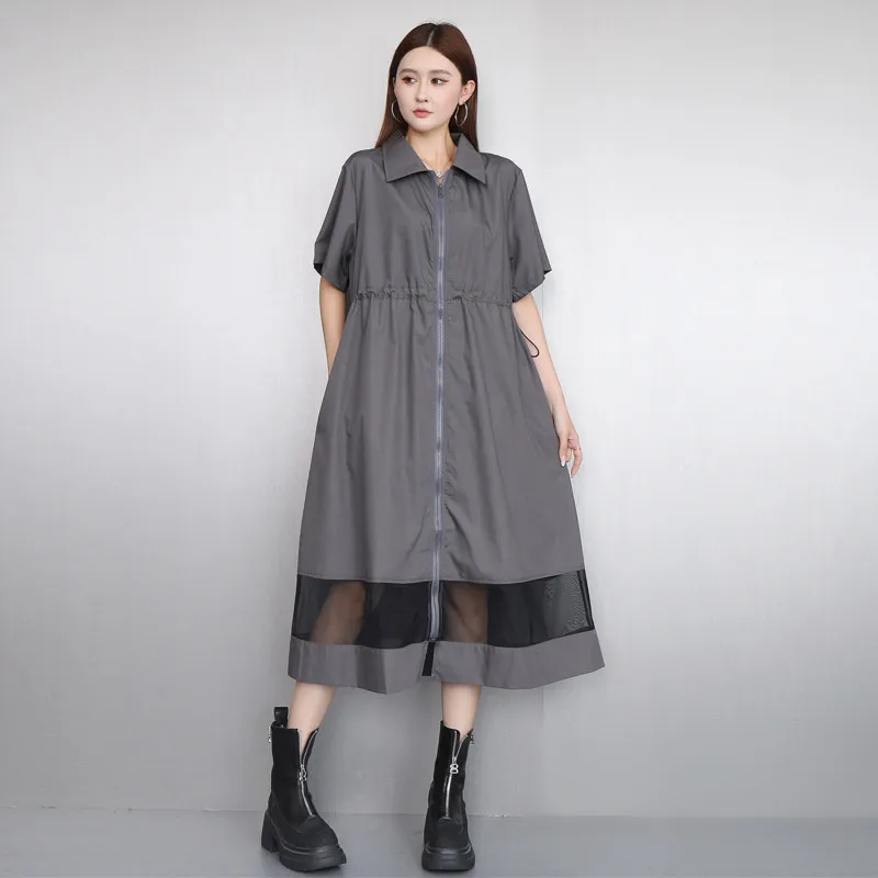 2026 Summer New Elegant Loose Long Zipper and Drawstring Shirt Dress Women Short Sleeve Dress Wholesale J2207