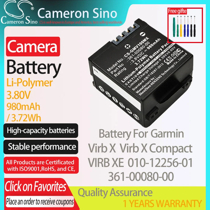 CameronSino Battery for Garmin Virb X VIRB XE Virb X Compact fits Garmin 010-12256-01 361-00080-00 camera battery 980mAh 3.80V