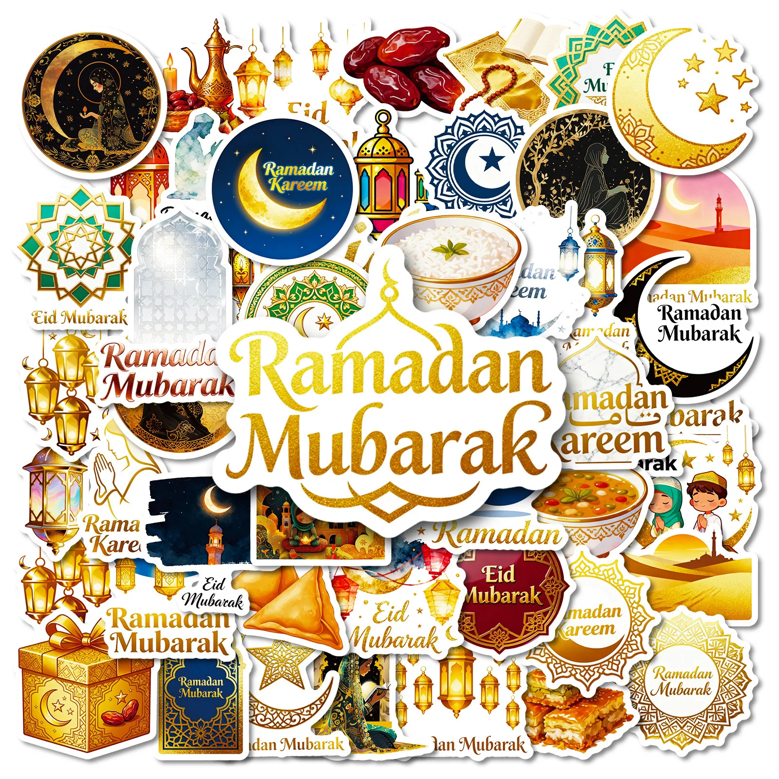 

10/56PCS New Lslamic Festival Blessing Stickers Gold Crescent Moon Lantern Graffiti DIY Guitar Phone Laptop Water Cup Skateboard