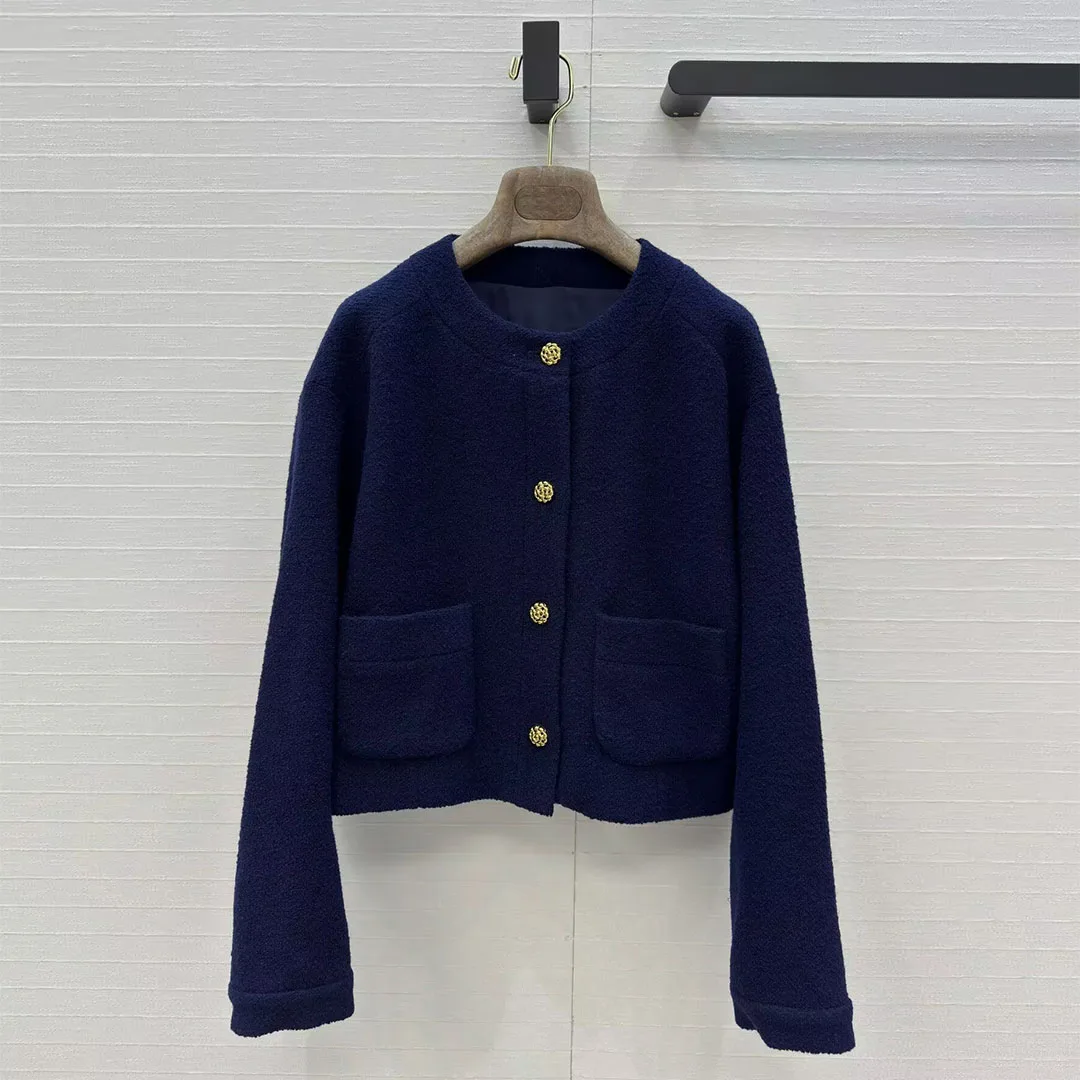 

2025 New Winter Navy Color Wool Woolen Jacket Women O-neck Vintage Gold Buttons Long Sleeve Fashion Old Money Style Short Coat
