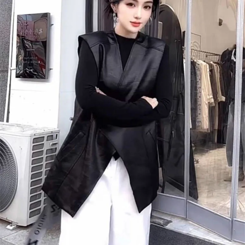Fashion PU Leather Jacket Vest Female 2026 Spring Autumn New Black Leather Coat Loose Camisole Casual Top Outwear Waistcoat