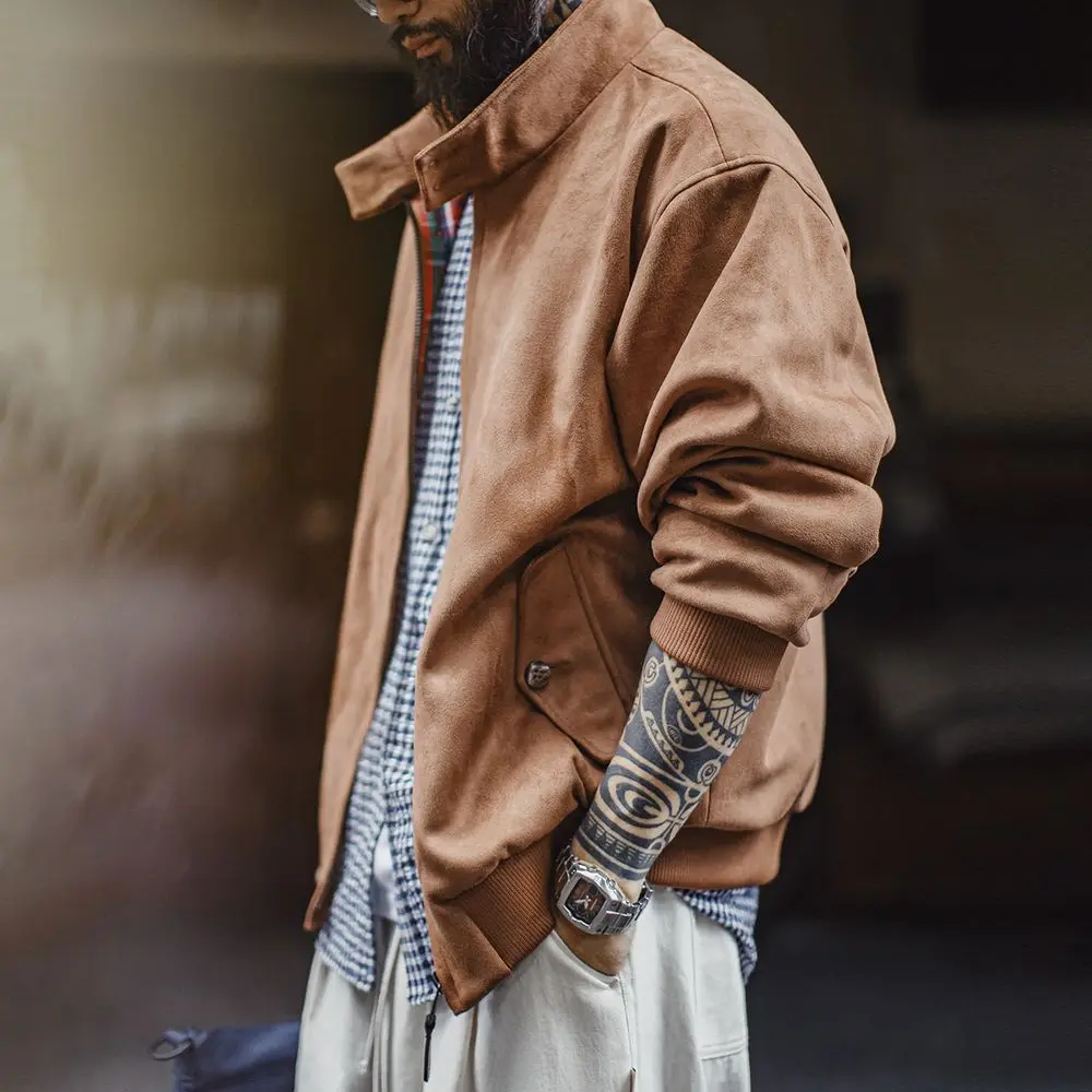 

Винтажные мужские замшевые куртки Maden, ветровка с воротником-стойкой на молнии и подкладкой в клетку тартан, теплое пальто для осенне-зимней уличной одежды