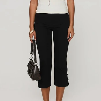 Women Bow Decor Capri Pants Chic Fashion Solid Color Slim Fit Cropped Pants Summer Casual Stretch Leggings Ladies High Street