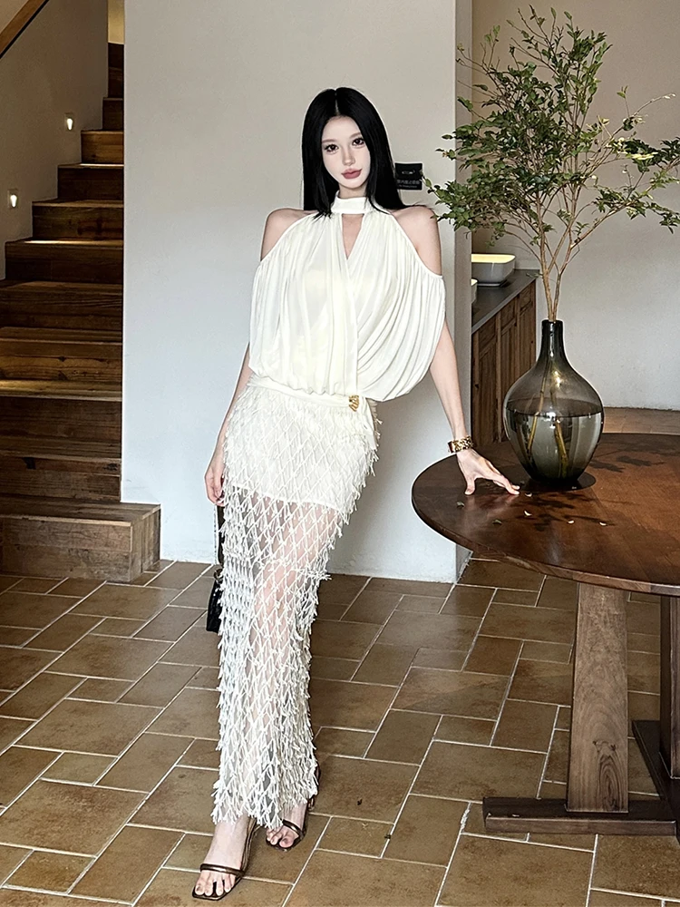 ReddaChic Women Layering Top Maxi Skirt Matching Set Sexy Laced Semi-sheer Maxi Bodycon Skirt Halter Blouse Fall New Costume