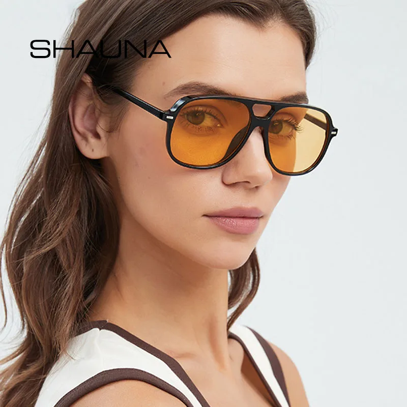 SHAUNA Retro Rivets Double Bridges Women Sunglasses Candy Colour Oversized Men Shades UV400