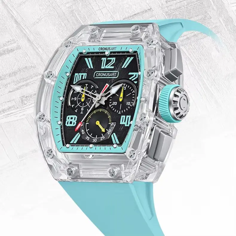 

CRONUSART Men Chronograph Watch 50MM Tonneau Mechanical Wristwatch Sapphire Case Luminous Skeleton Meteorite Dial Limited