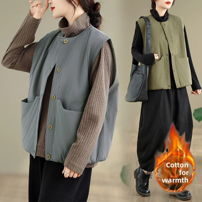 

Retro Cotton Vest Women's Autumn Winter Outerwear No Sleeve Warmth Layering Fashionable Short Coat Thickened round Neck Button