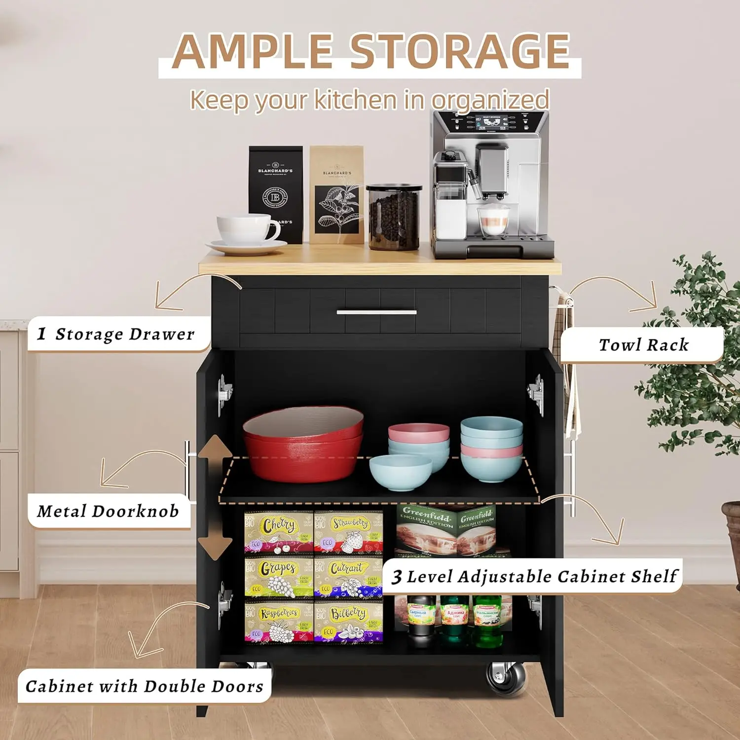 Kitchen Island Cart with Storage,Rolling Kitchen Island Side Table on Wheels with Worktop,Single Door Storage Cabinet and Drawer