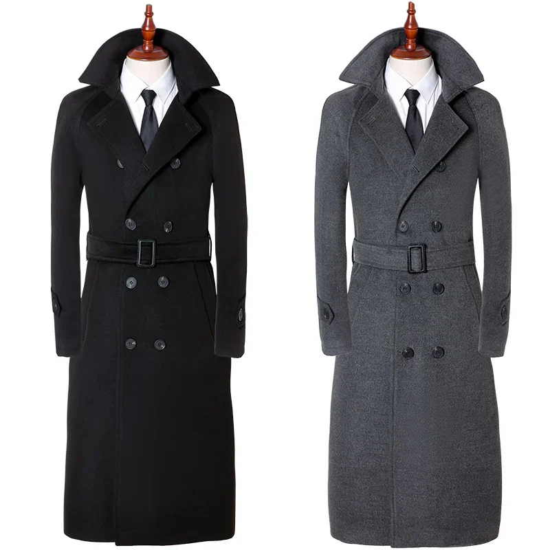 Ultra-Long Knee-Length Mens Wool Coats British Fashion Autumn Winter New Leisure Business High-Grade Warm Clothes Erkek Mont