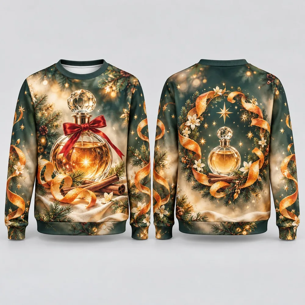 Funny Winter Perfume Artwork on an Ugly Christmas Sweater Graceful Xmas Sweaters with Glass Bottles Ribbons and Scented Blooms
