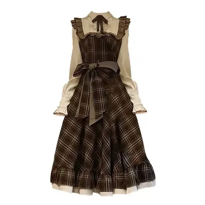 Korean Vintage Fashion Brown Plaid Sweet Maxi Dresses Mori Girl Style Long Sleeve Kawaii Bowknot Lace-up A-line Women Long Dress