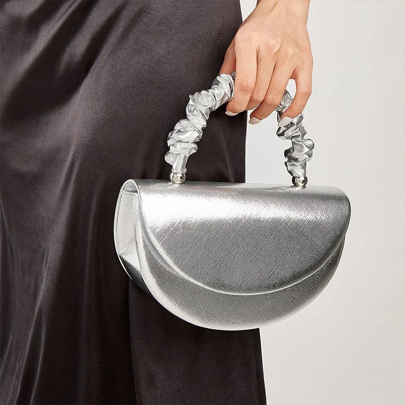 

Beautiful and Shiny Pleated Clutches Evening Bags Bridal Wedding Clutches for Attending Banquets Party Fashion Halfmoon Handbag