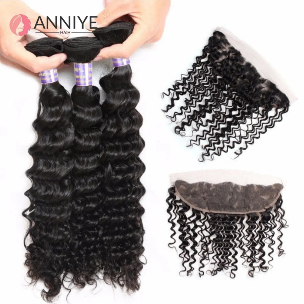 

Deep Wave 12A Virgin Hair Peruvian 3 Bundles With Frontal Hair Extensions 100% Human Hair Weave For Black Women Natural Color