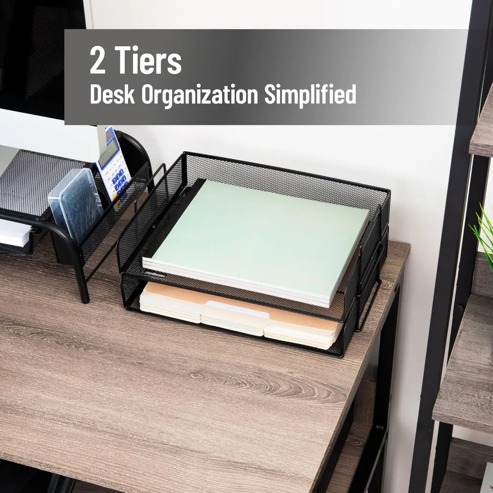 Stackable Paper Tray, Desktop Organizer, File Storage, Office, Metal Mesh, 2 Pcs, Black view 2