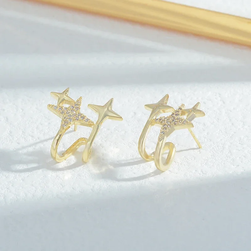 Trendy Exquisite 14k Gold Plated Four-pointed Star Earrings for Women Girl Jewelry AAA Zircon S925 Silver Needle Stud Party Gift