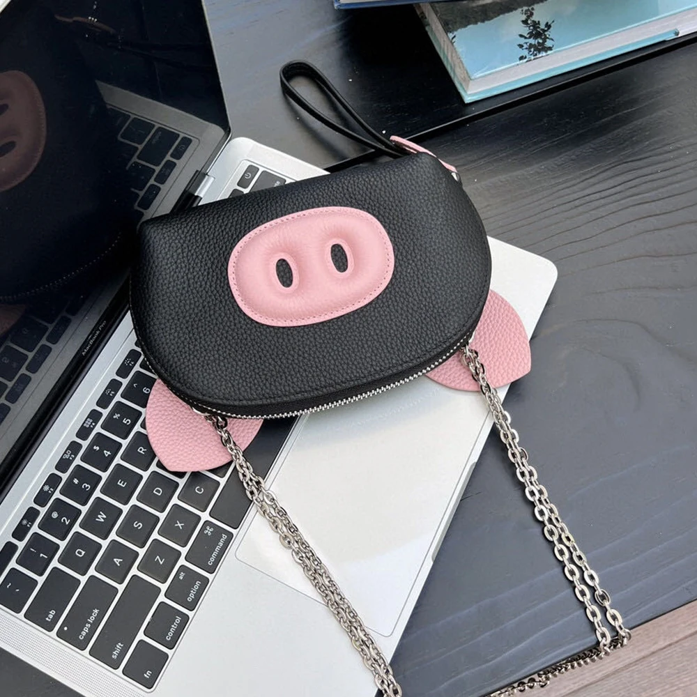 New Genuine Cow Leather Cute Animal Piggy Shell Clutch Shoulder Bag Real Leather Adorable Piglet Crossbody Bag Fashion Wristlet