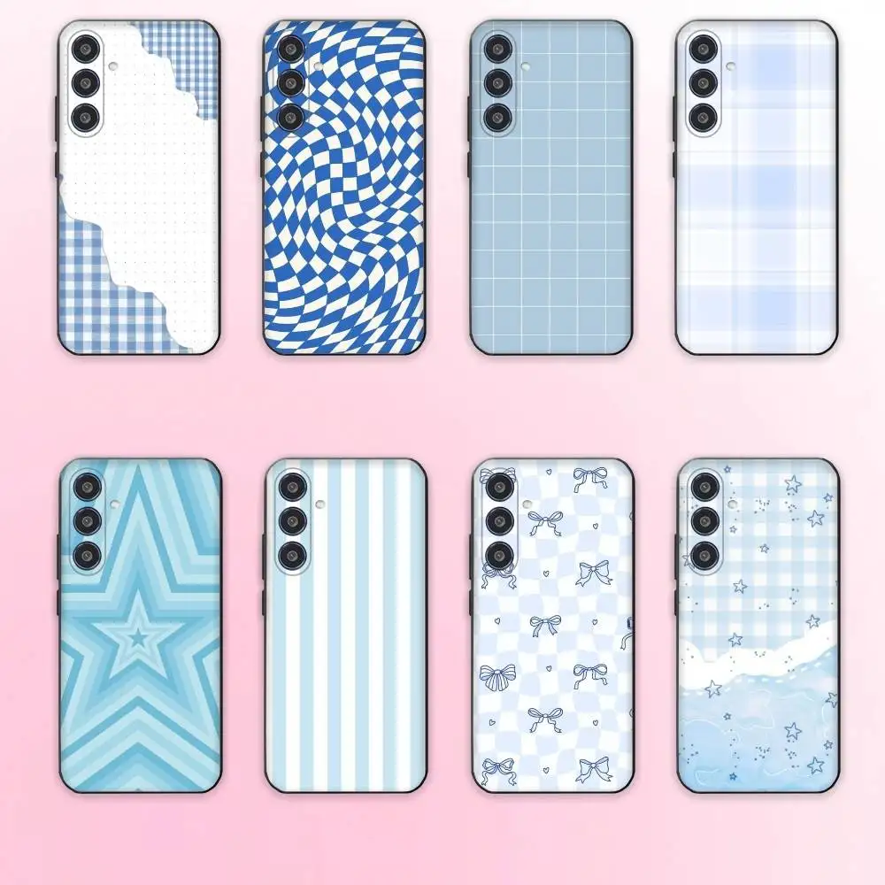 

Ins Korean Blue Striped Grid Phone Case For Samsung Galaxy A73,A72,A71,A70,A53,A52,A51,Others Soft Black Cover