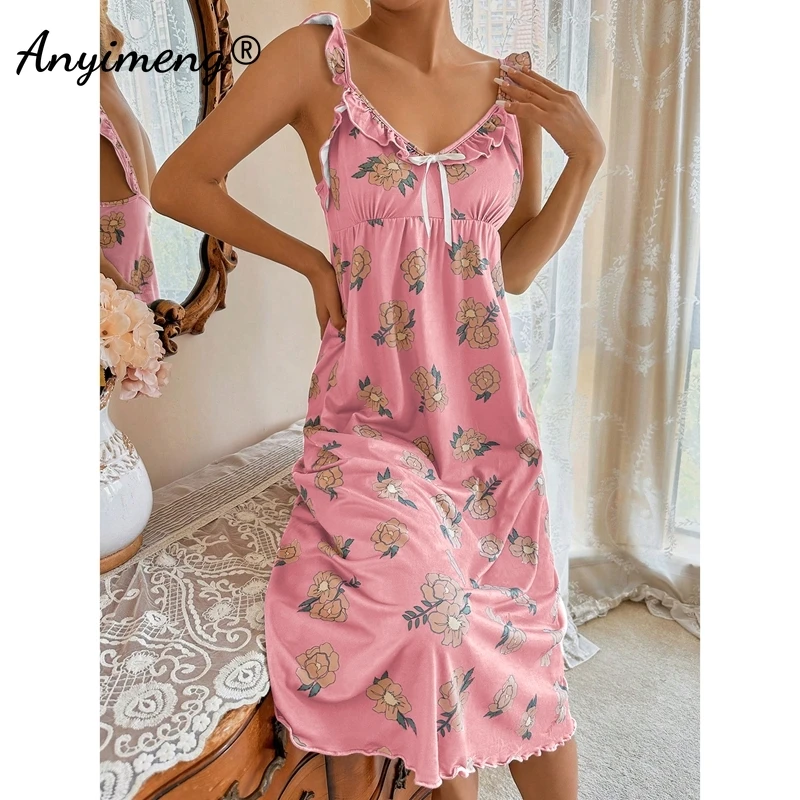 Women Gorgeous Nightgowns Summer Fashion Retro Nightdress Ruffle Dress Elegant Floral Homedress Chic Slim Gowns Lady Lingerie