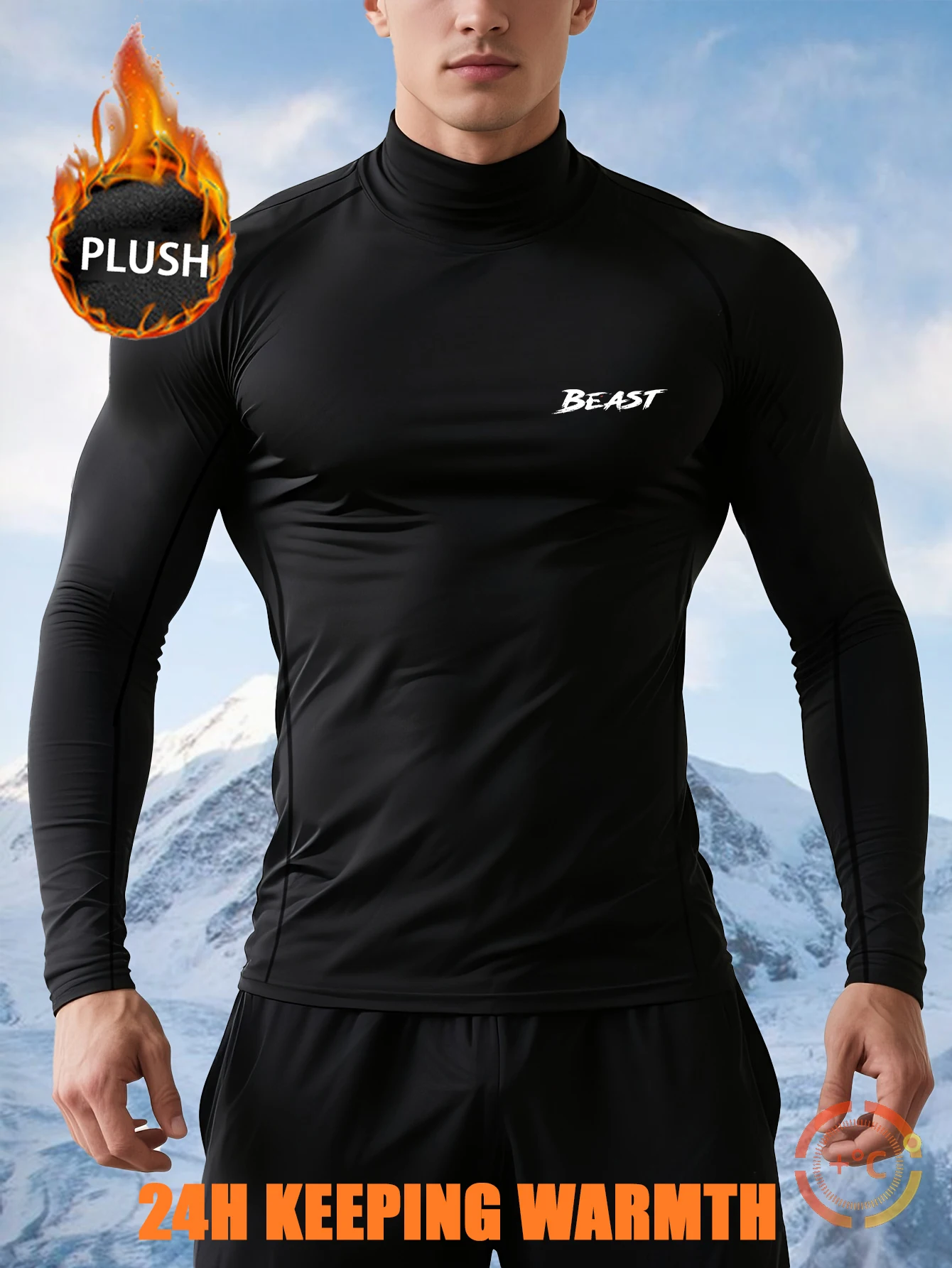 1Set Men’s Black Warm Compression Fleece Tracksuit Mock Neck BEAST Letter Print Slim Fit Stretch Thermal Sportswear Gym Running