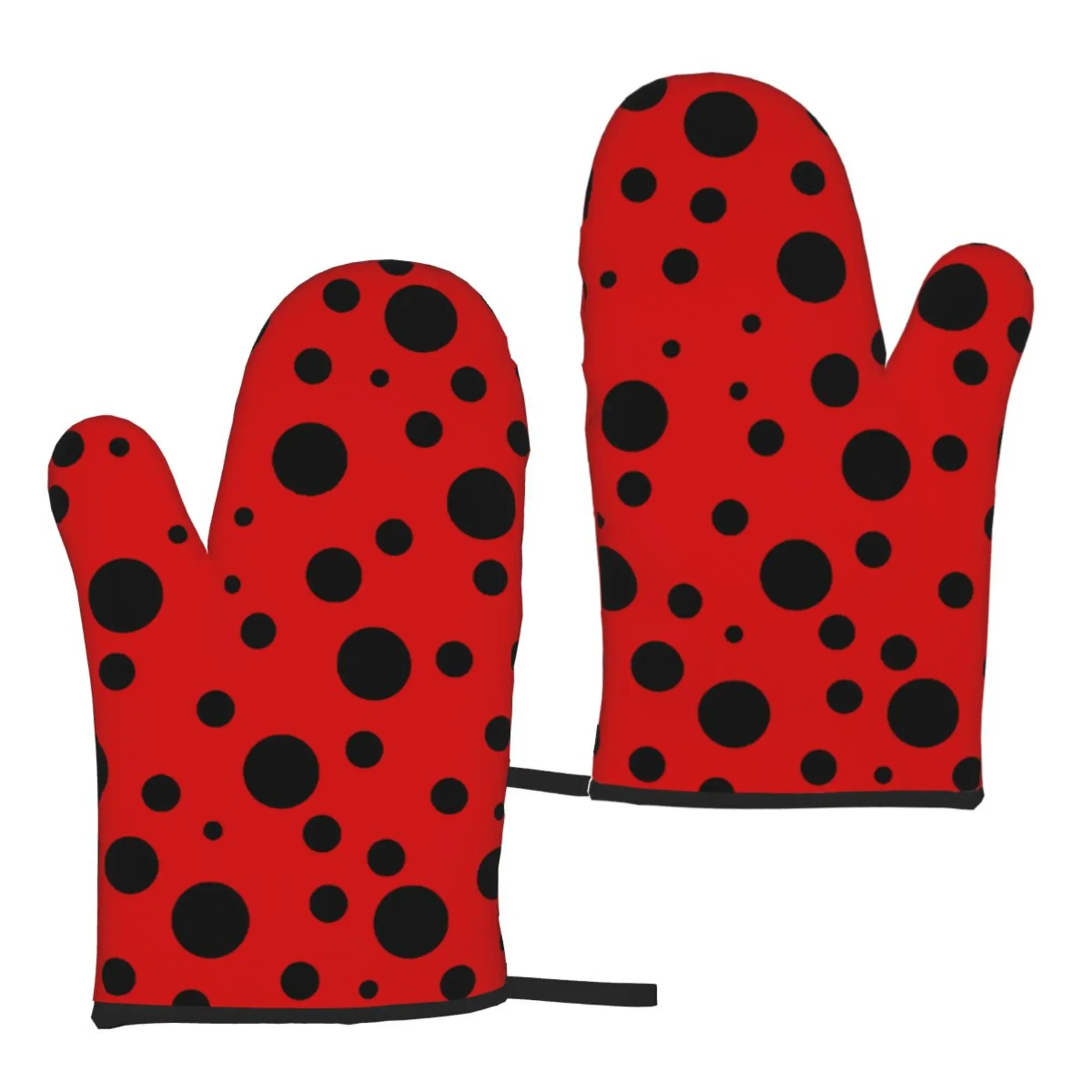 Red and Black Polka Dots Oven Mitts 2pc Heat Resistant Gloves Kitchen Decor Heat Resistant Pot Holders Set for Cooking Baking