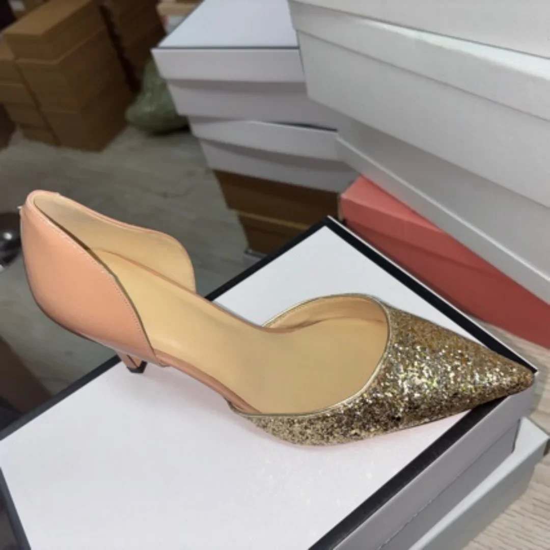 

Temperament Sequin High Heels French Sheepskin Insole New 2026 Spring Summer New Hollow Apricot High Heels Women's Wedding Shoes