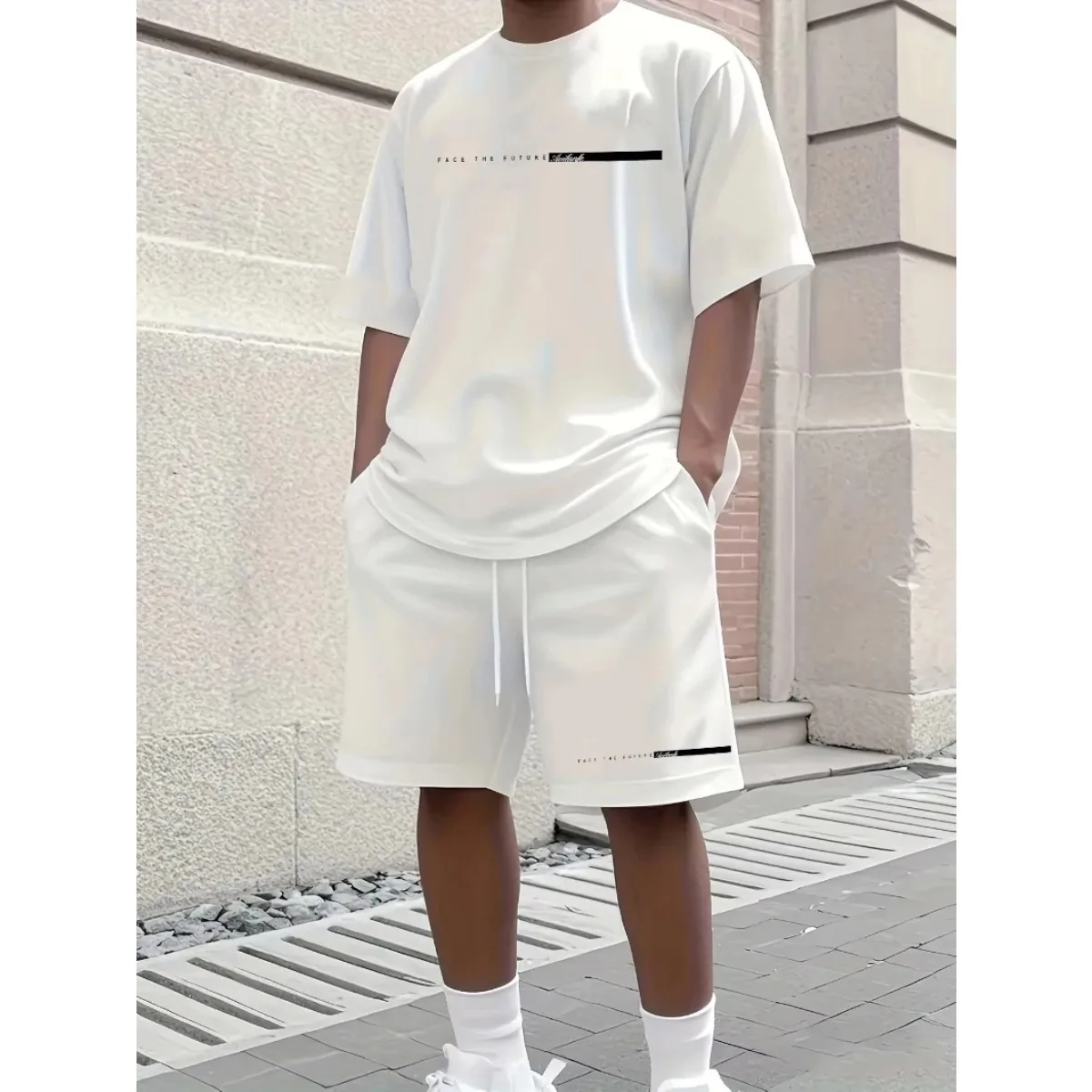 

Men's 2025 Summer 100% Cotton Casual Loose Version Large Letter Printed T-Shirt Shorts Two-piece Set High Street Neutral Style