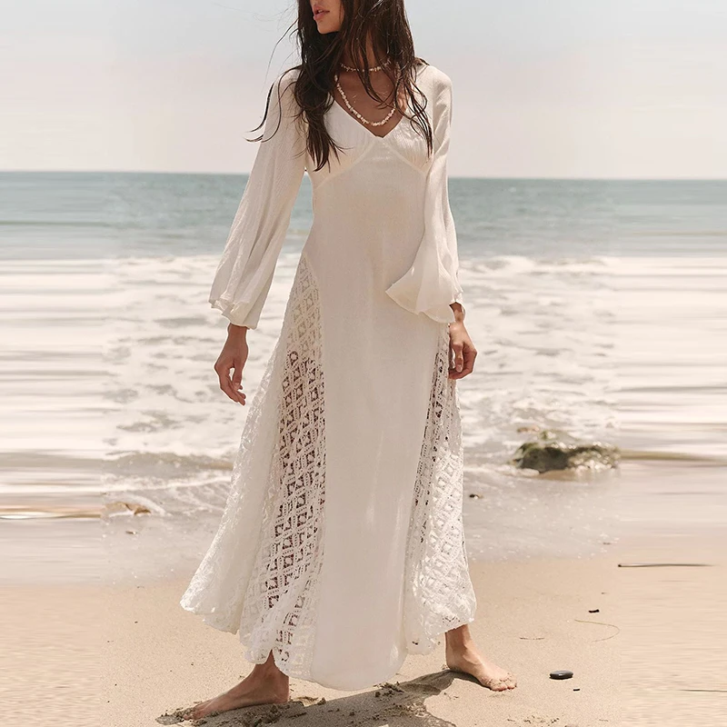 

Casual Solid Flare Long Sleeved Dresses Elegant V Neck Lace Up Beach Vacation Dresses Fashion Lace Embroidery Women Long Dresses