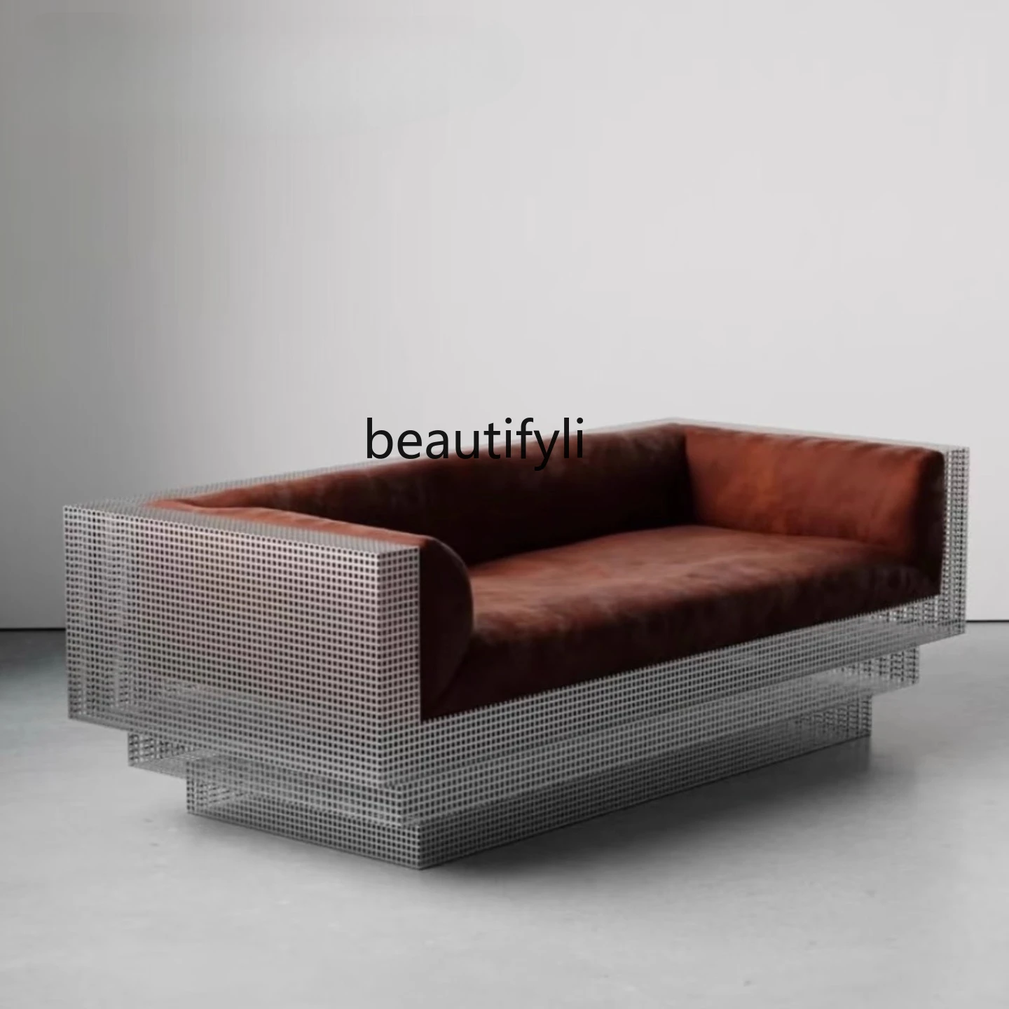 

Nordic Mid-Century Bauhaus Stainless Steel Grid Retro Niche Metal Small Apartment Single/Three-Seater Sofa