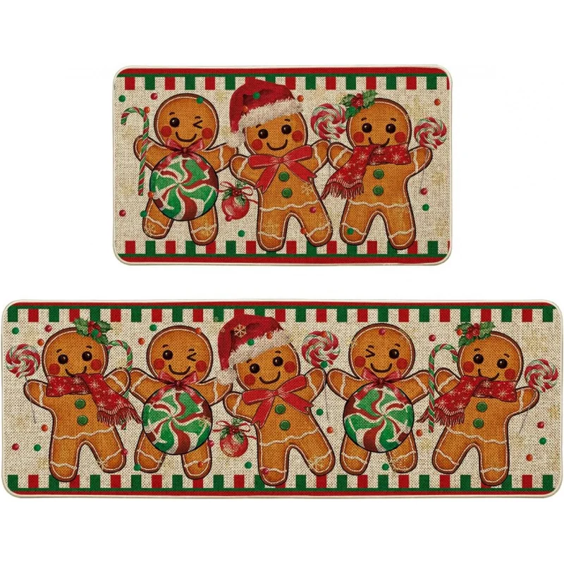 Gingerbread Candy Sugarcane Christmas Kitchen Floor Mat 2-piece Set Winter Home Decoration 16inX24in and 17inX47in