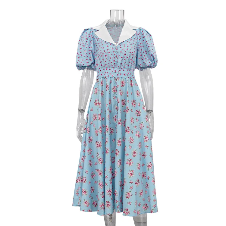 Ele Stampa floreale Dr Vita alta Bubble Sve Colletto rovesciato Abito da ballo Faionable Dr Sweet Sle Princ da donna