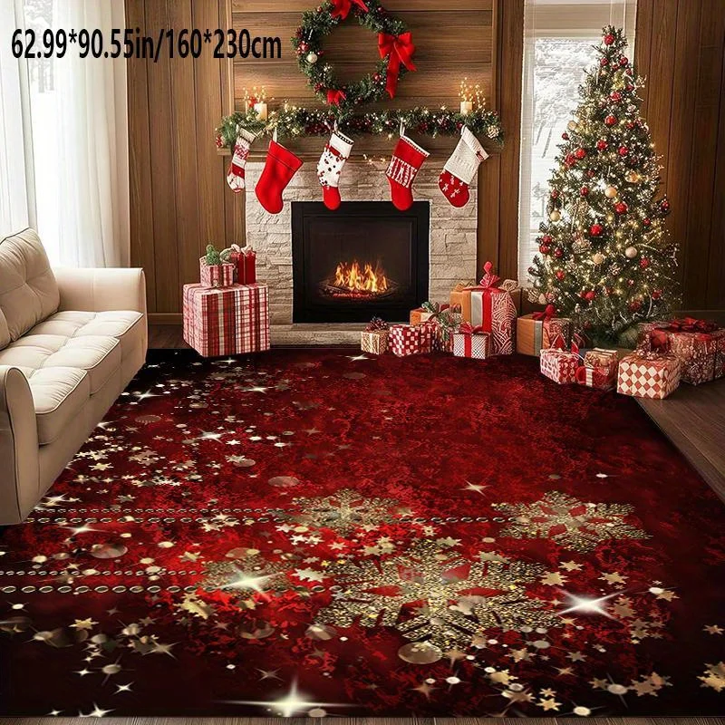 1pc Large Dark Red Golden Snowflake Christmas Rug, Sparkly Festive Floor Mat for Living Room, Bedroom, Holiday Home Decor