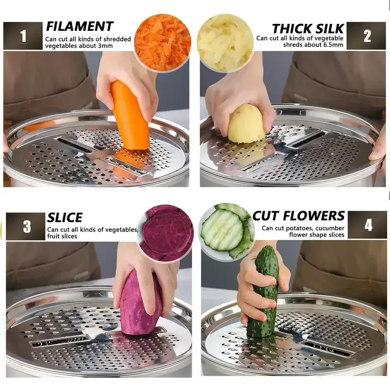 Multifunctional Stainless Steel Basin Grater Strainer Bowl with Drain Basket Colanders Salad Maker Bowl Fruit Vegetable Chopper