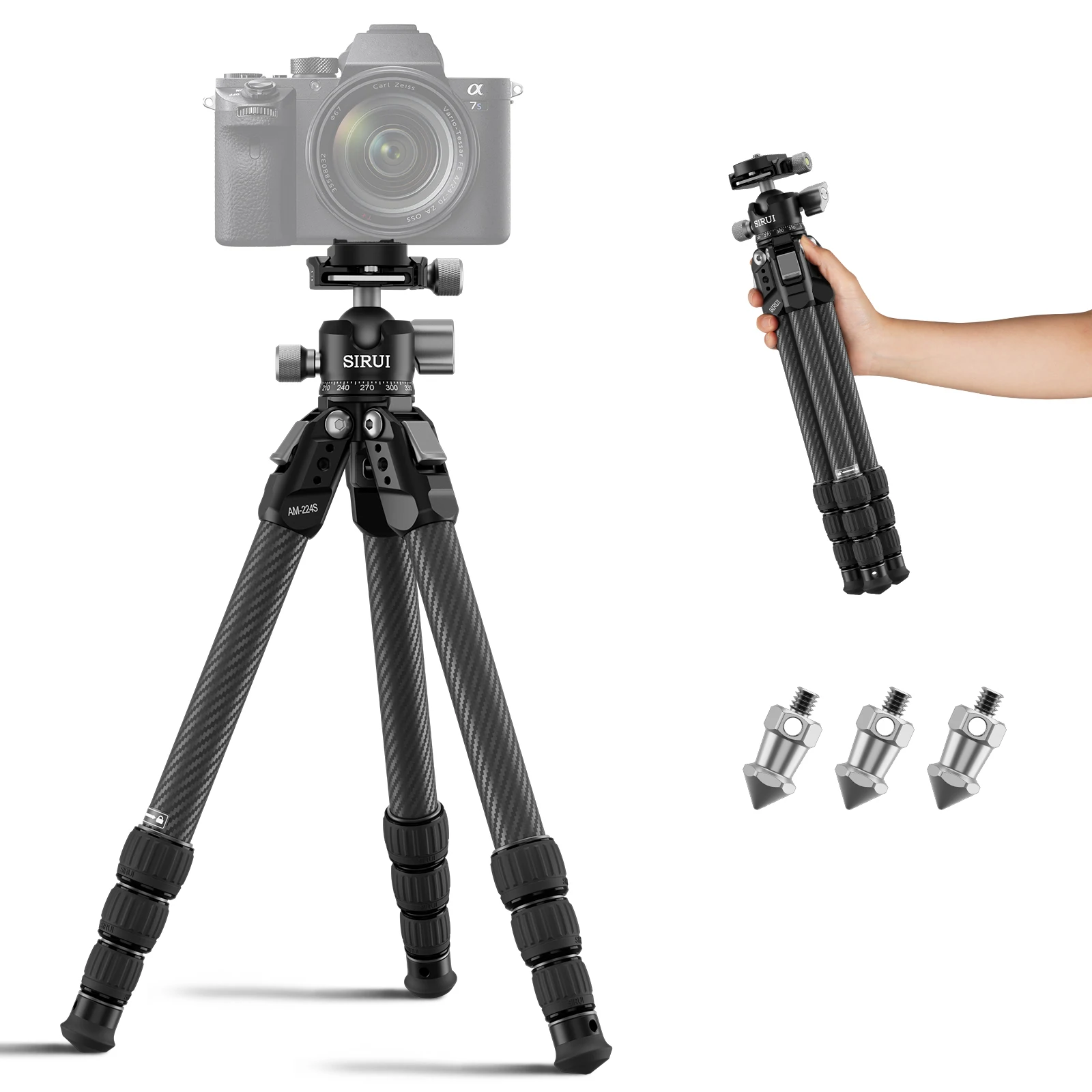 SIRUI​ Portable Tripod For Camera Phone Action Camera Accessories Support Weight Up To 10KG Carbon Feather AM-224S+G0