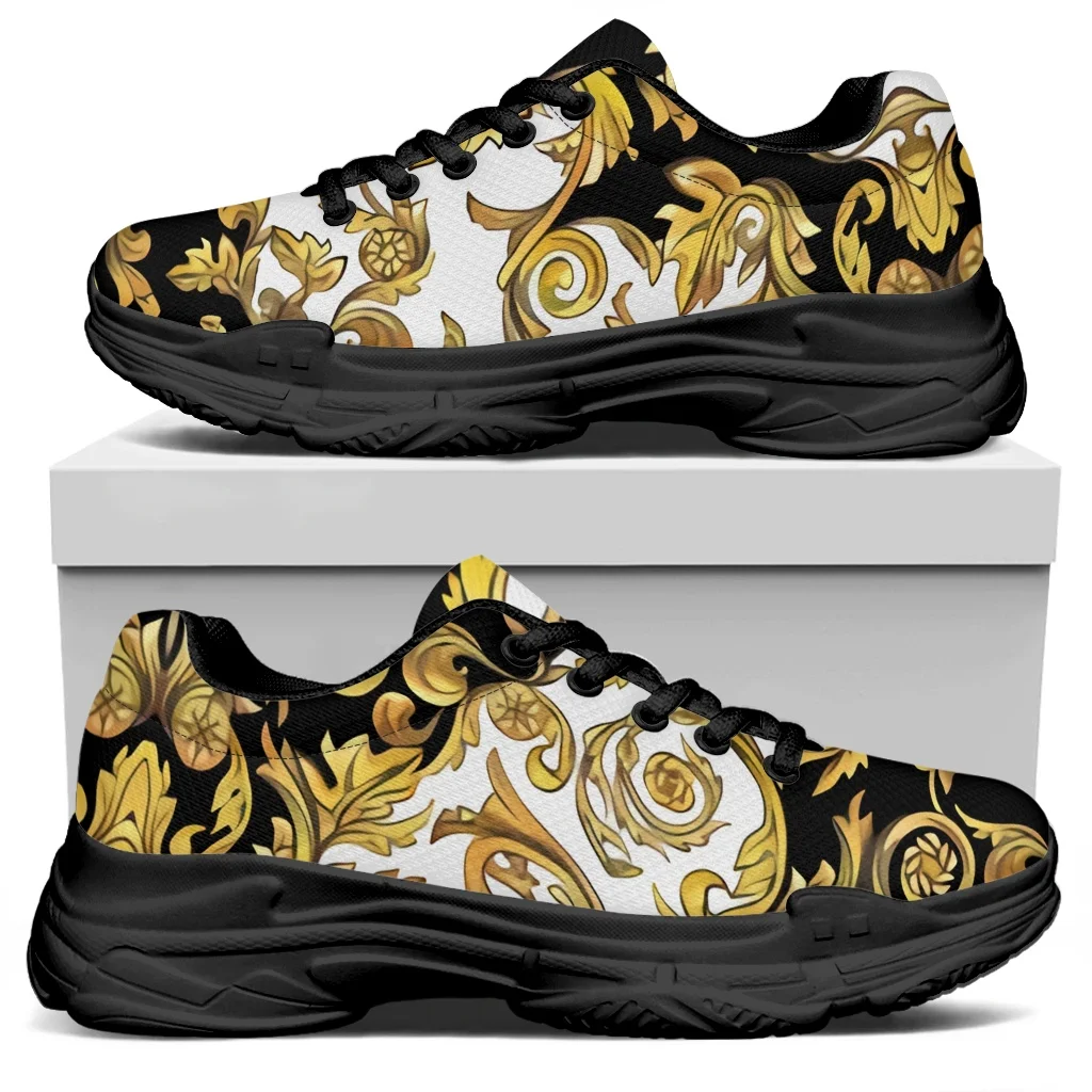 WHEREISART Golden Baroque Pattern Women's Black Shoes Lace Up Ladies Platform Sneakers Luxury Floral Couple Flat 46 Dropship