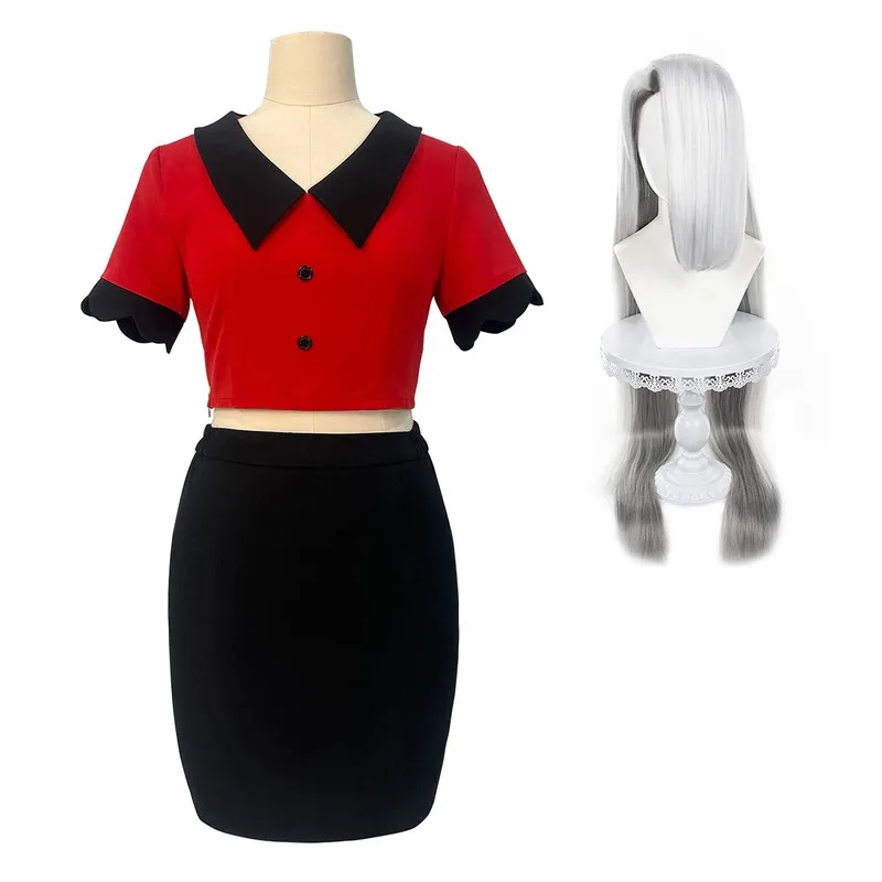 

DY2025HOLOUN Haz Hotel Anime Vaggie Cosplay Costume Wig Top Skirt Long Silver Grey Rose Net Comb Cos Convention Halloween GiftDY