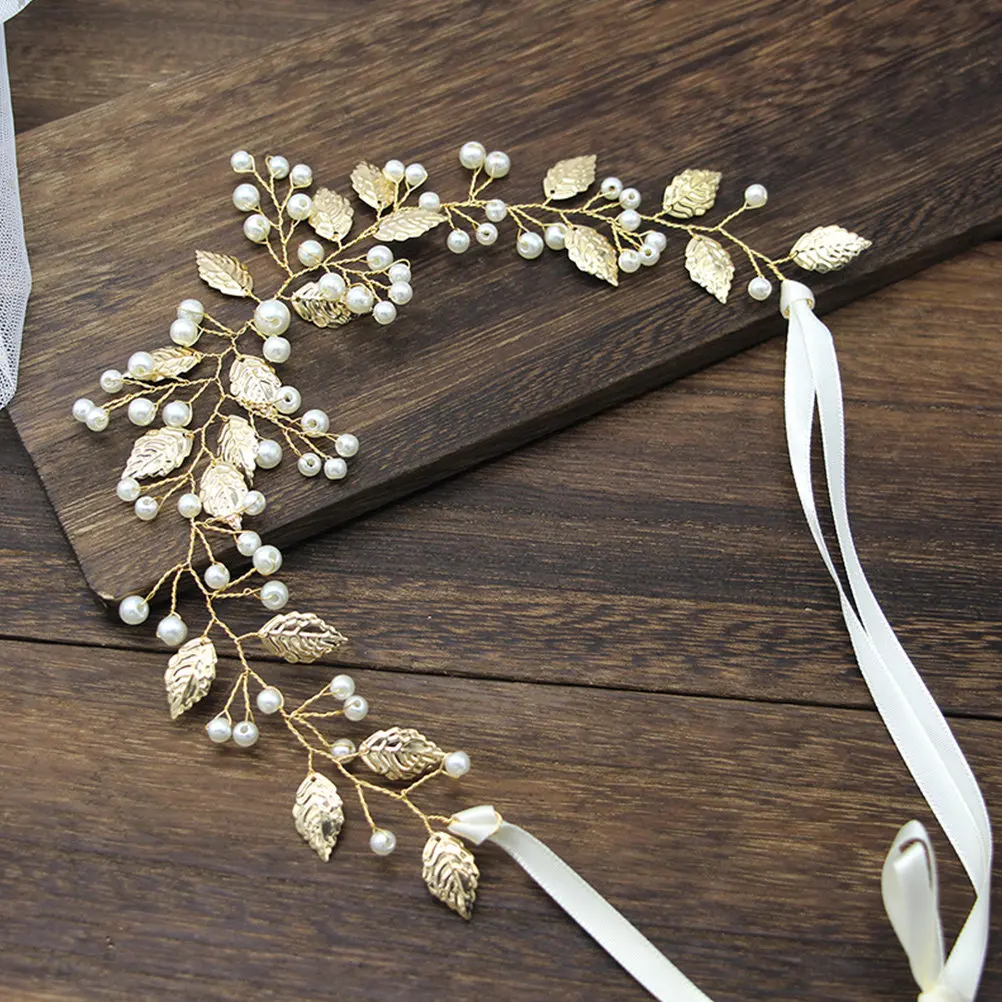 Pearl Leaf Bridal Headband for Women Wedding Hair Accessory Lightweight Comfortable Adjustable Ribbon Fit Perfect for Bride Prom