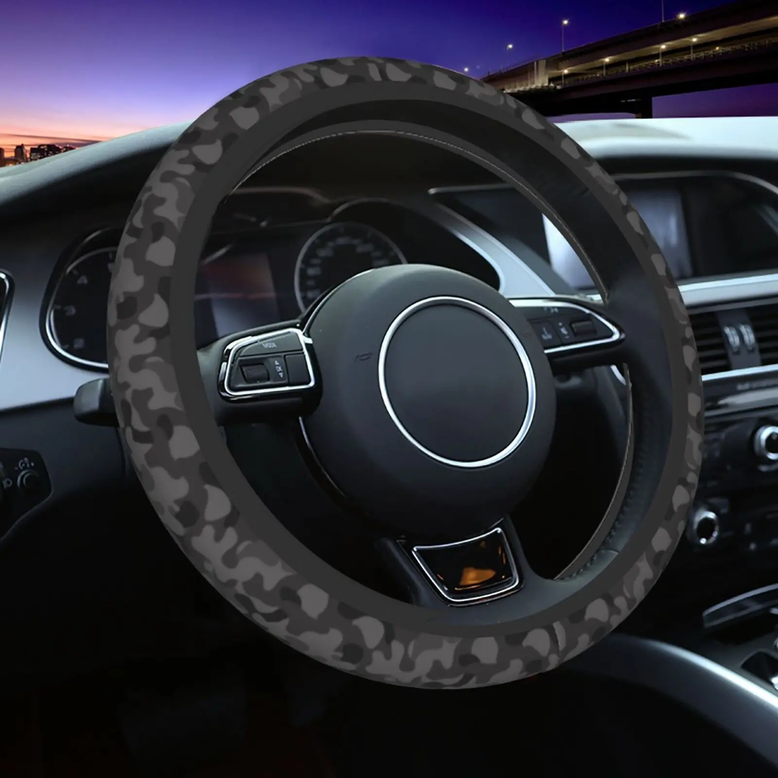 Grey Camouflage Pattern Steering Wheel Cover Funny Anti-Slip Car Accessories for Men Women Universal 15 Inch Fit Most Vehicles