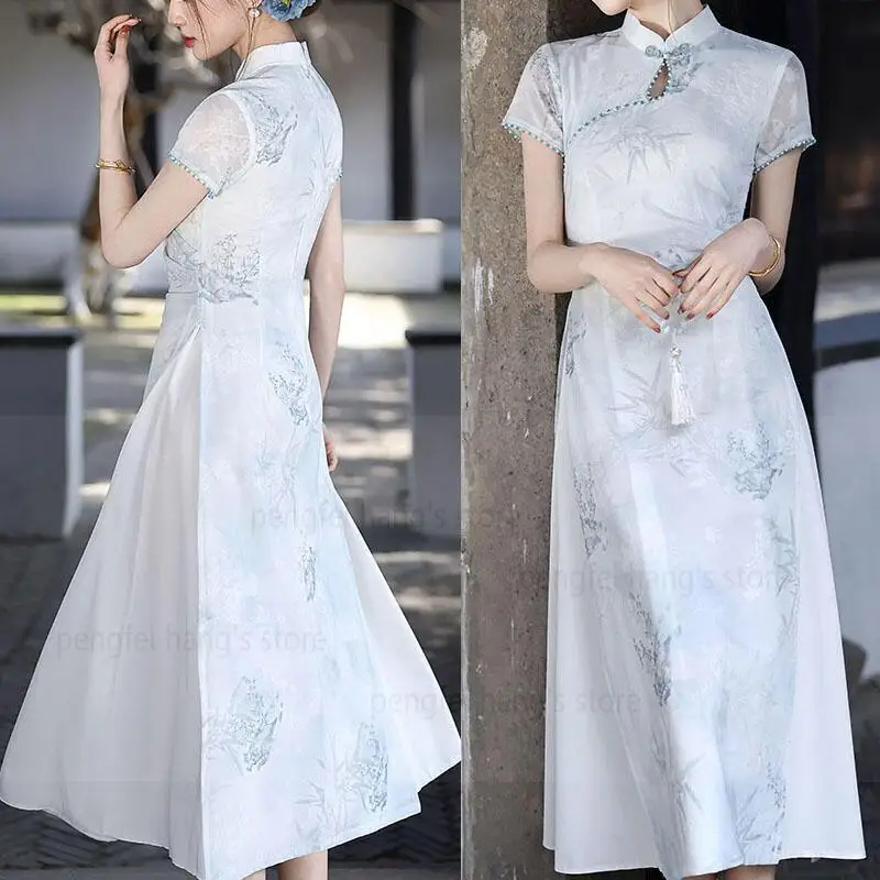 

Платье-ципао в китайском стиле, улучшенное платье-ханьфу с сетчатым принтом для женщин, сексуальное вечернее платье больших размеров 3XL