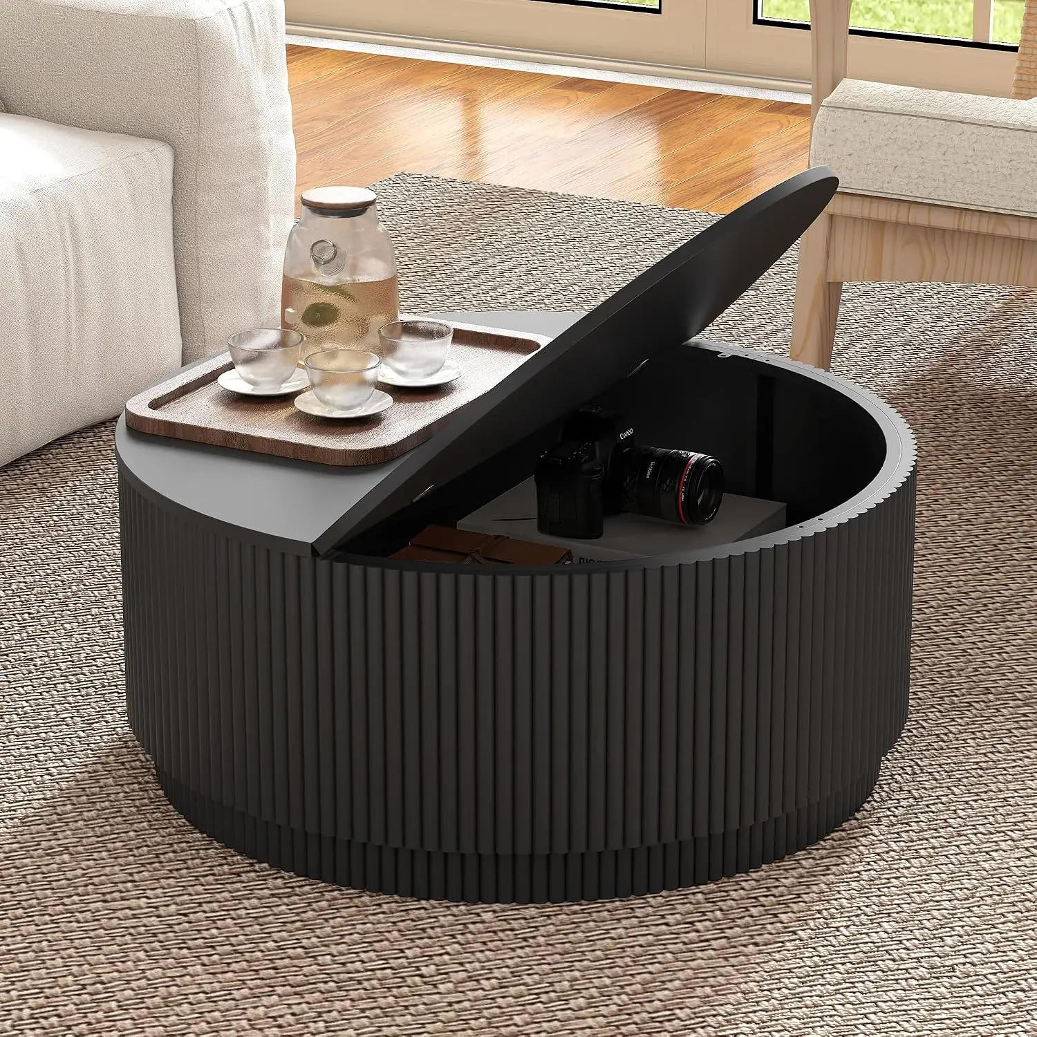 Round Coffee Table with Storage, Modern Fluted Base Wooden Circle Center Table for Living Room Small Space, Customized