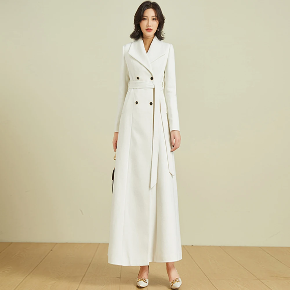 Novo Mulheres Longo Casaco de lã Outono Inverno Elegante Moda Colarinho de descida Cinto Cintura Fina Sobretudos de misturas de lã Branco Roupa