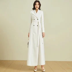 Novo Mulheres Longo Casaco de lã Outono Inverno Elegante Moda Colarinho de descida Cinto Cintura Fina Sobretudos de misturas de lã Branco Roupa Exterior de Lã