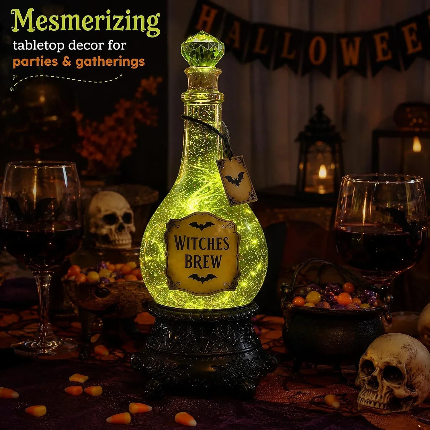Lighted Witches’ Brew Bottle Glitter Globe Green Light Up Halloween Apothecary Decoration Wine Bottle Decoration for Your Table