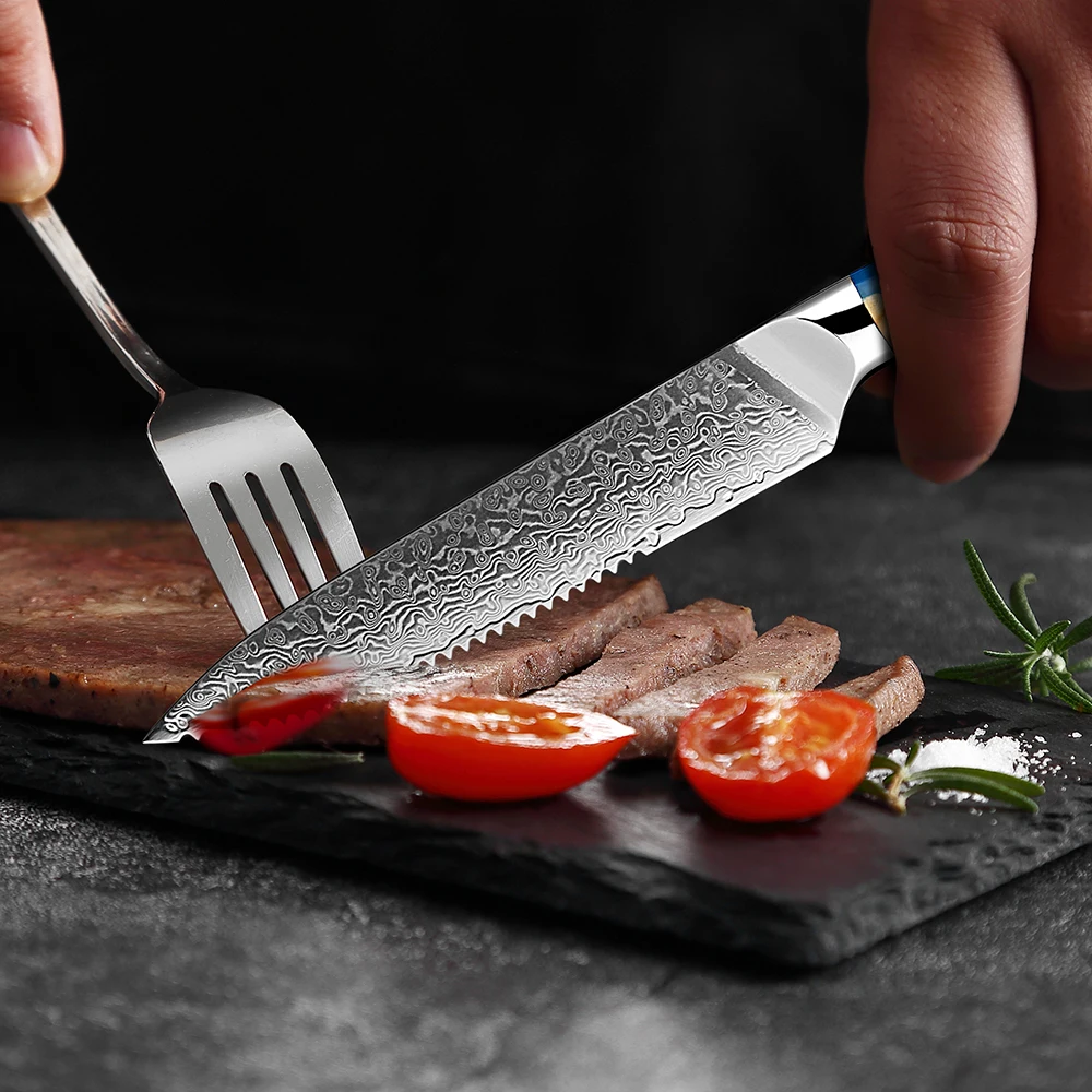 1-4Piece Damascus Steak Knife Set Full-Tang Serrated Steak Knives Japanese VG10 Steel Utility Knife Sharp Bread Cake Fruit Knife